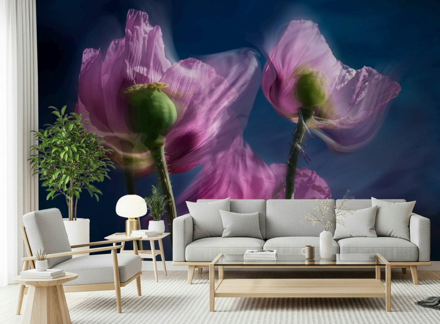 An artistic delicate bloom mural on minimalist wallpaper.