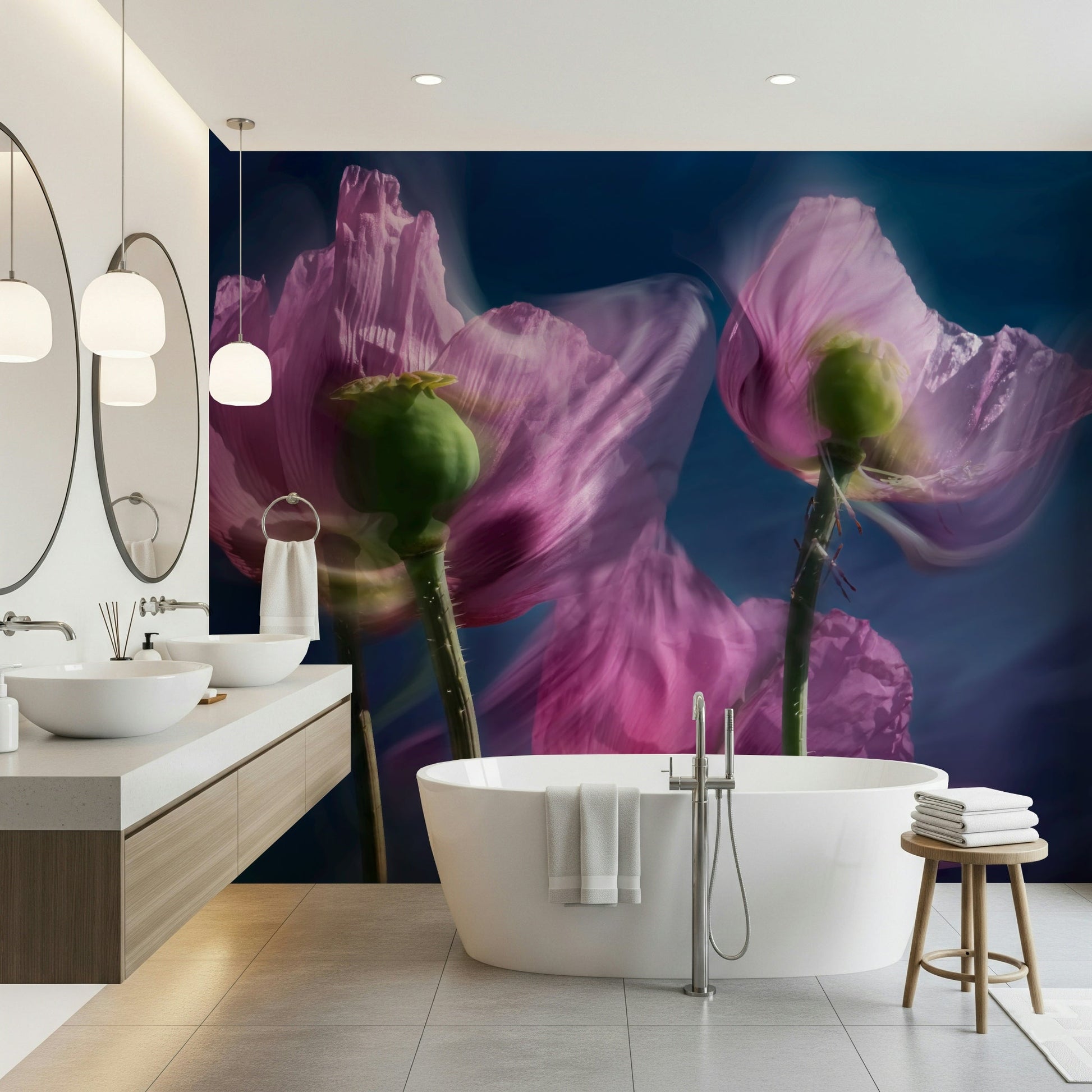 A peaceful flower design mural on decorative wallpaper.