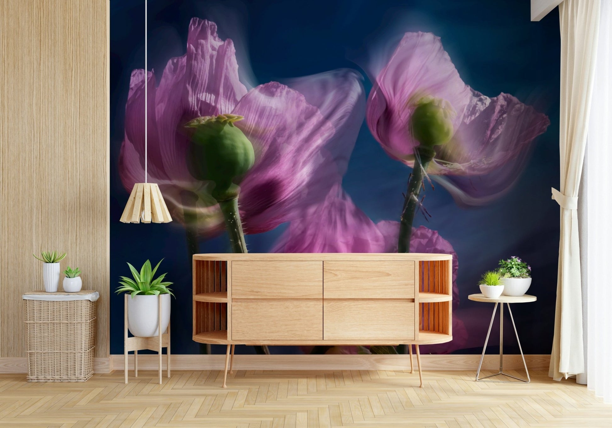 A beautiful dark floral wallpaper mural with poppies in twilight lighting.