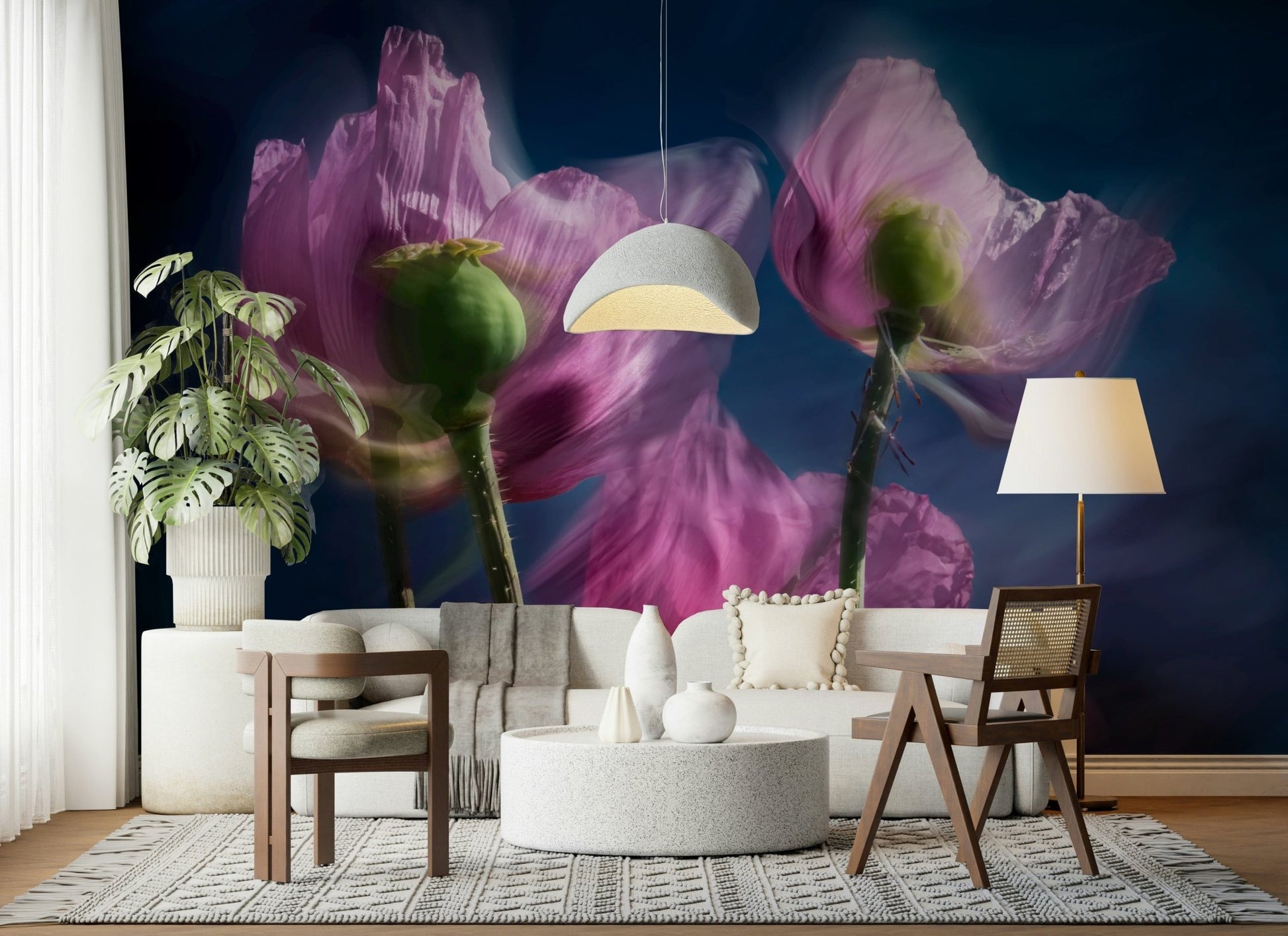 A graceful subtle flower wall mural in rich, dark tones.
