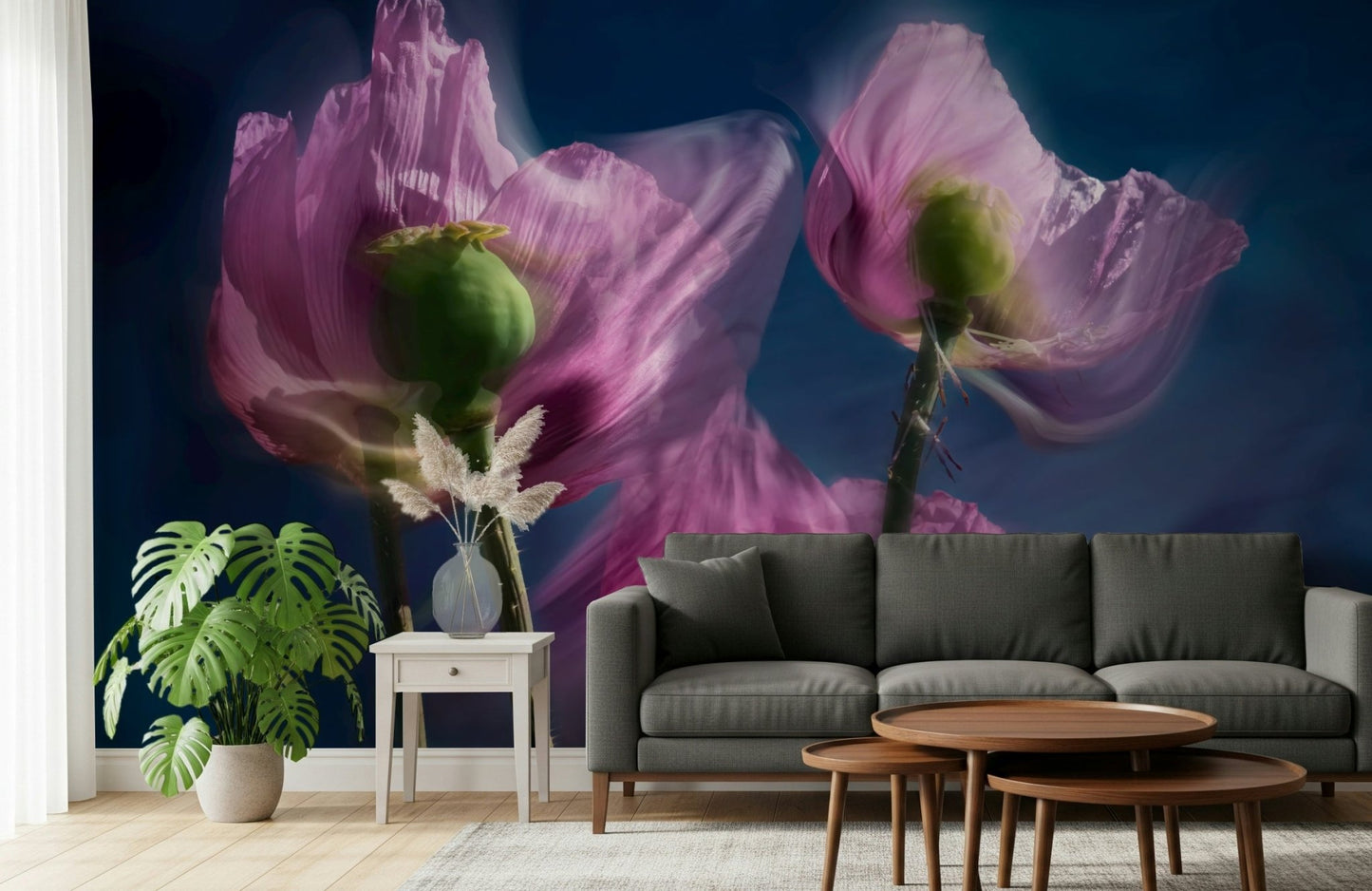 A calming floral design wallpaper mural that defines a space.