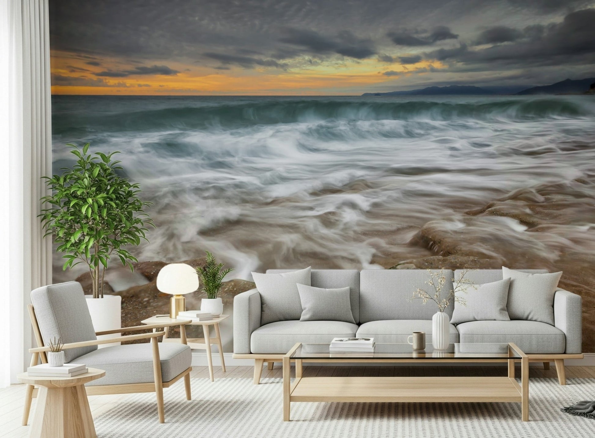 A peaceful modern abstract mural on decorative wallpaper.
