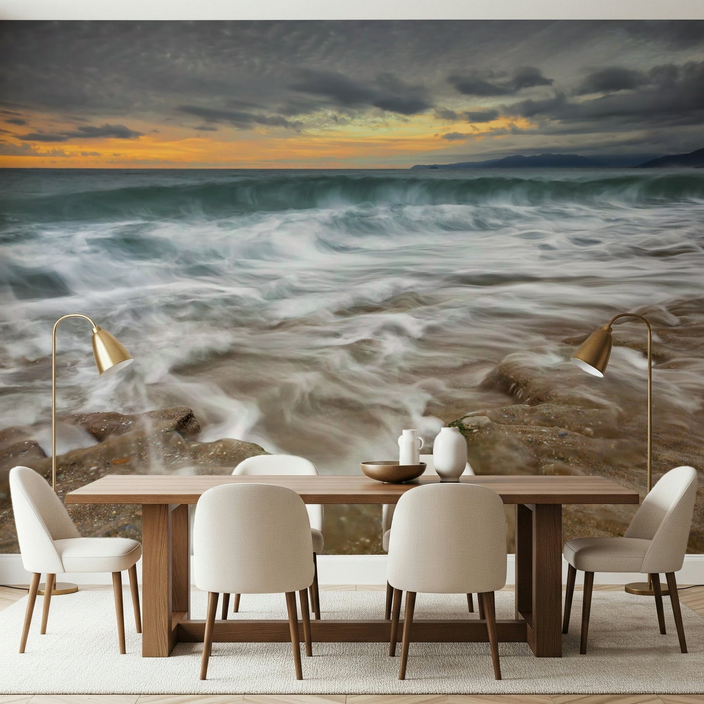 An artistic fluid pattern mural on minimalist wallpaper.