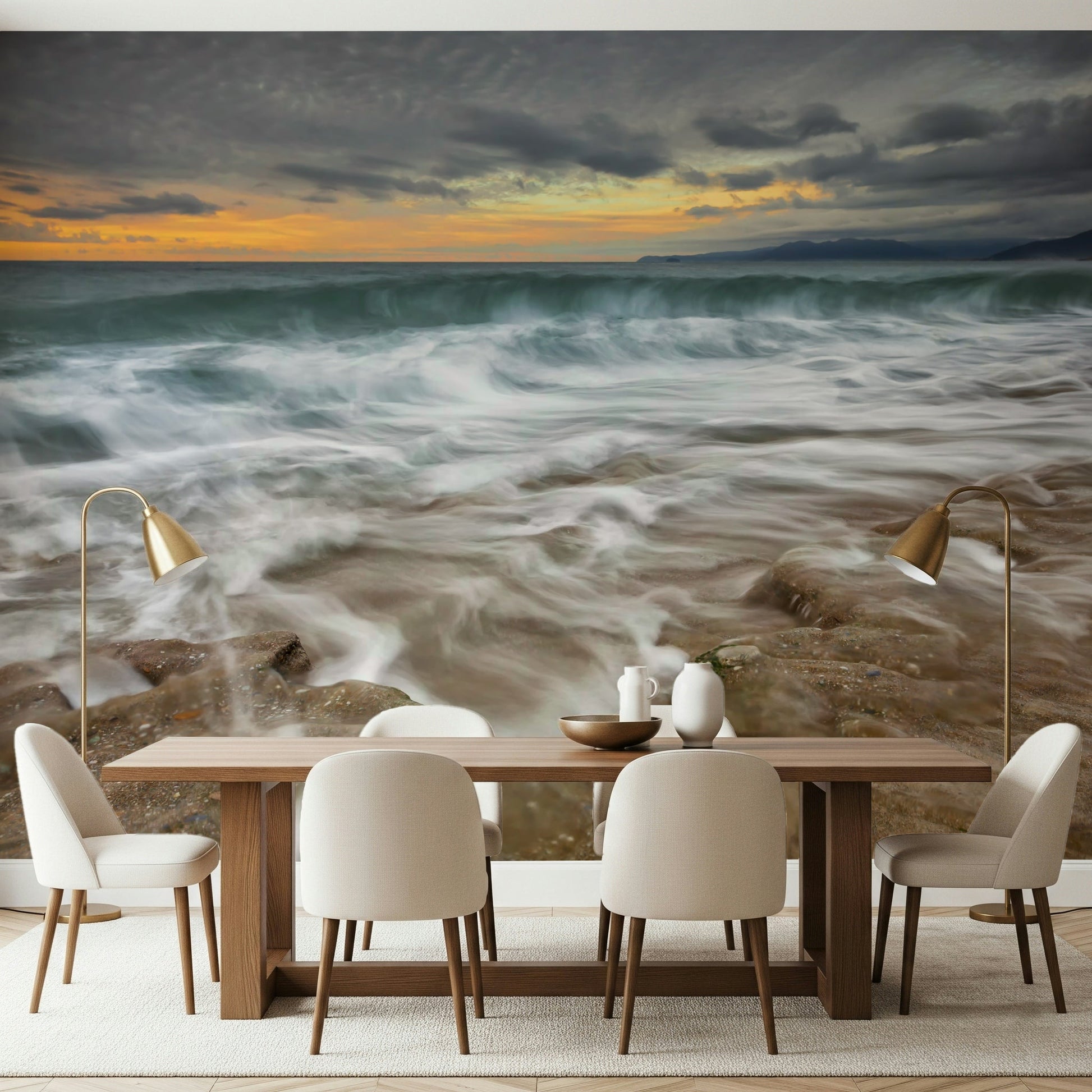 An artistic fluid pattern mural on minimalist wallpaper.
