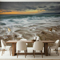 An artistic fluid pattern mural on minimalist wallpaper.