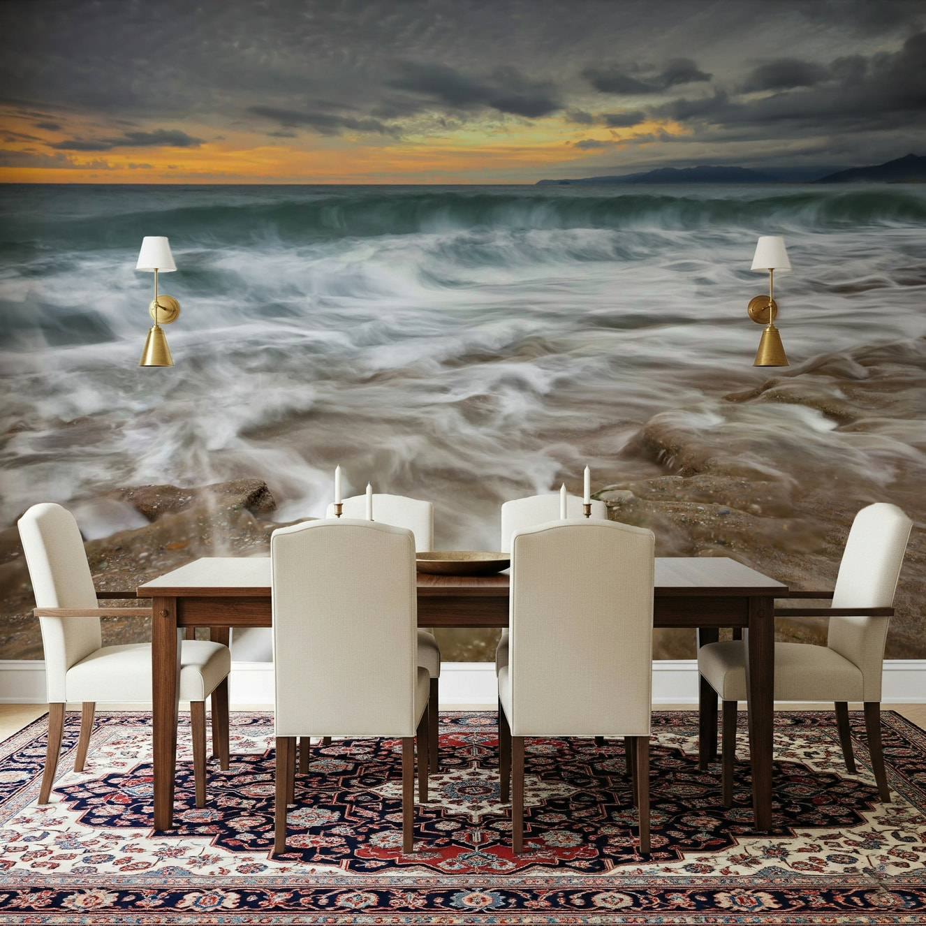 A beautiful abstract tide wallpaper mural in dark, twilight blue and gray.