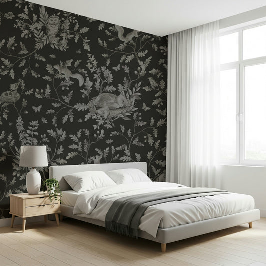 Twilight Woods Wall Mural accent wall in a dark room