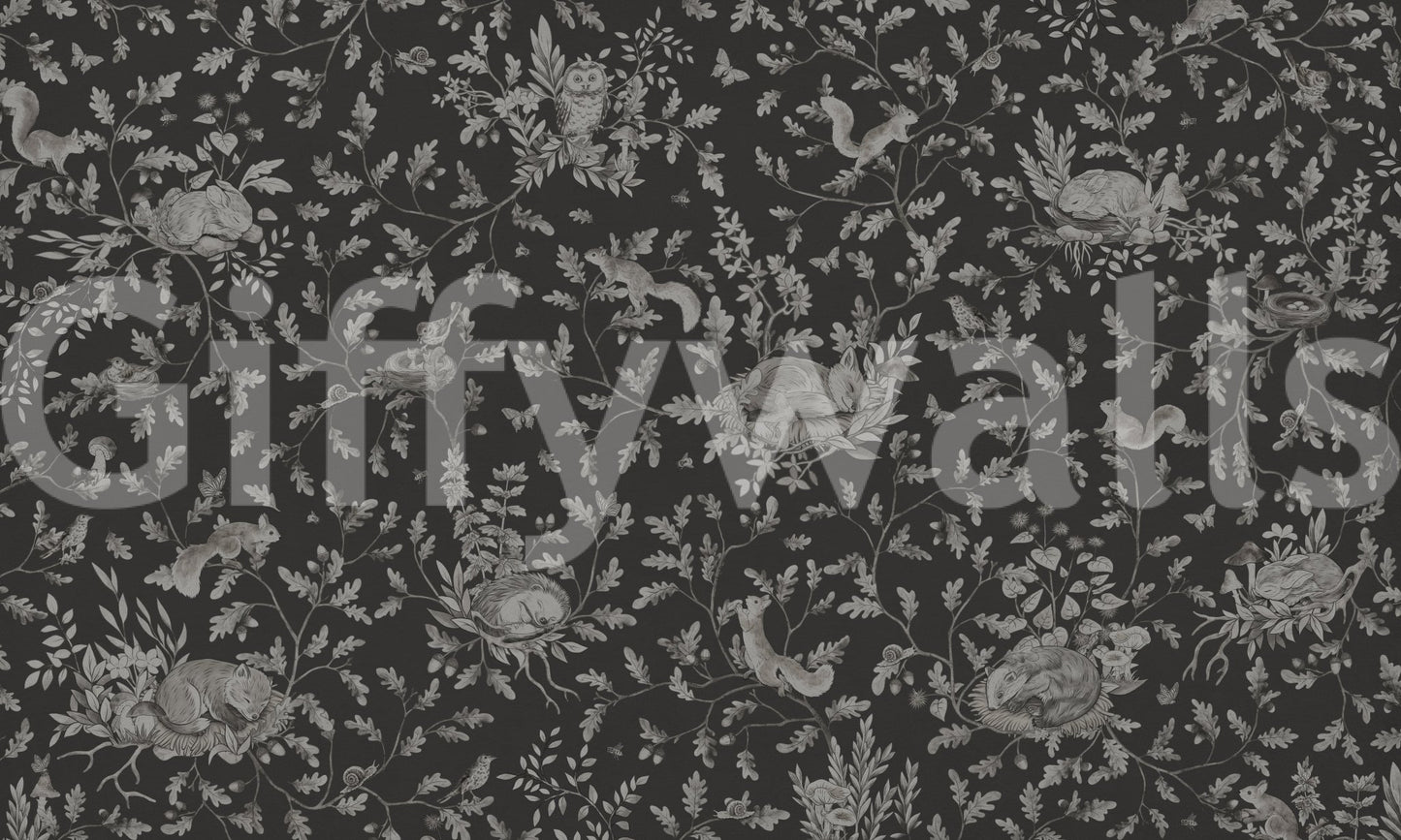 Design featuring tall, dark trees in Twilight Woods Wall Mural