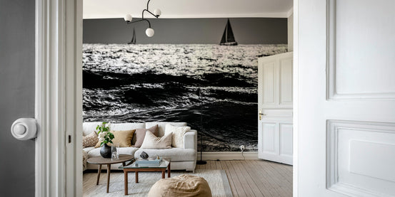 Two Sailboats wall mural showing two yachts on a shimmering black and white sea GD4938
