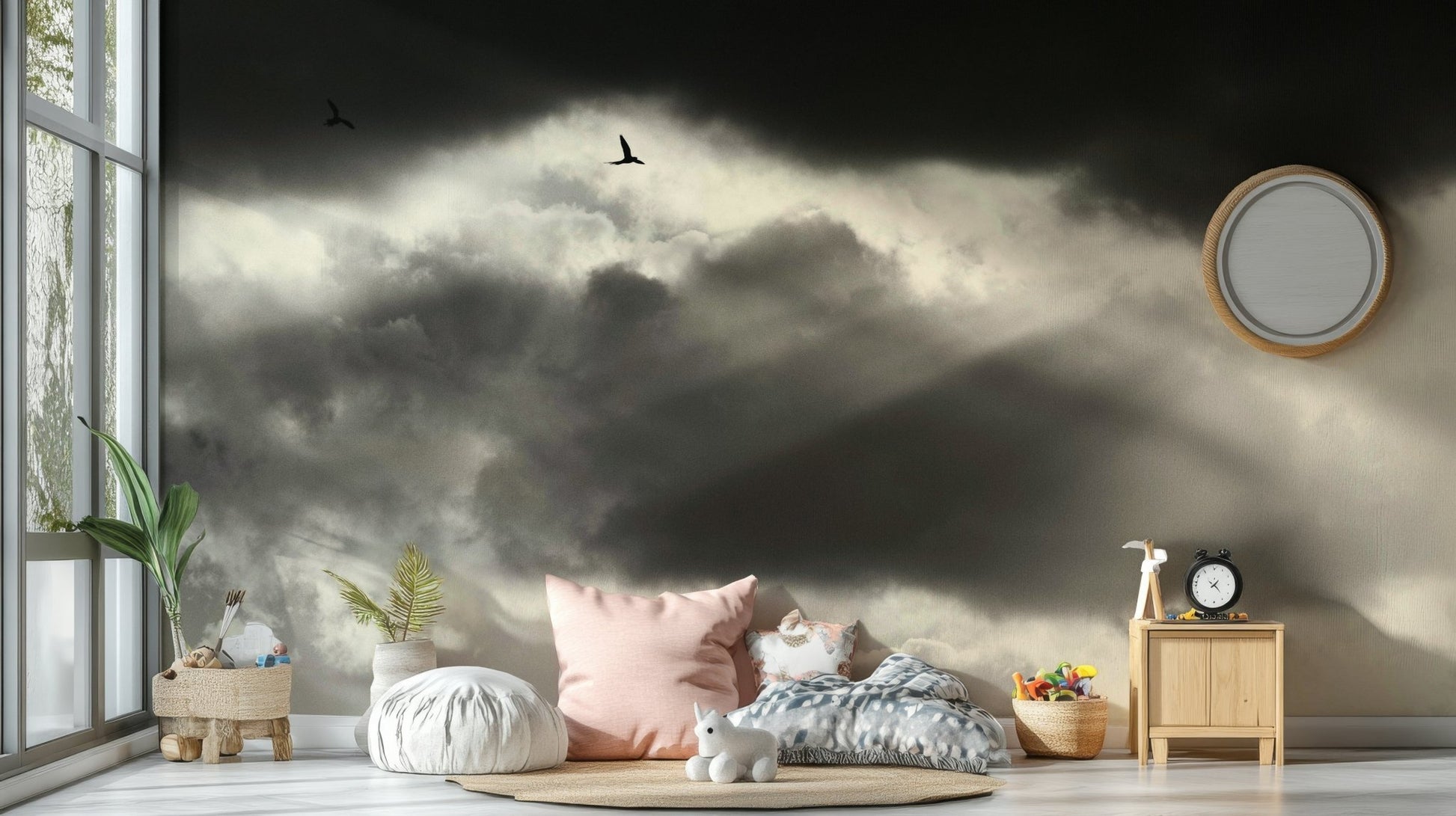 A calming space defining wallpaper mural that extends across walls., GD4850