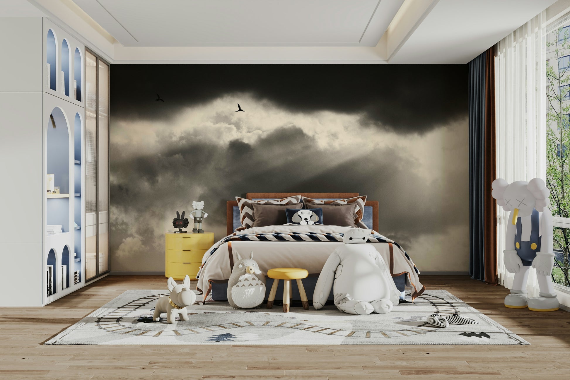 A graceful subtle pattern wall mural in cool, natural tones.

