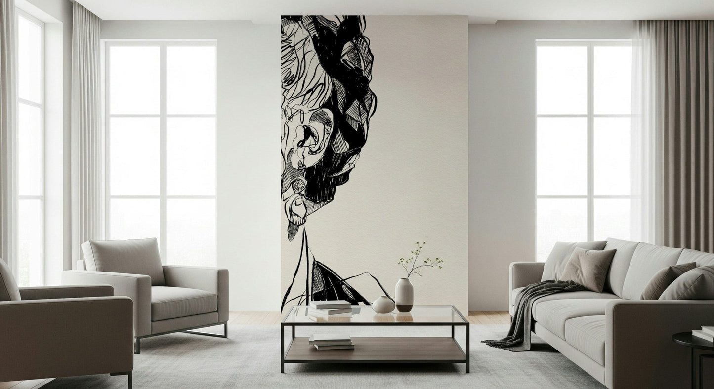 Living room backdrop featuring Unbroken wall mural and fluid black contour lines