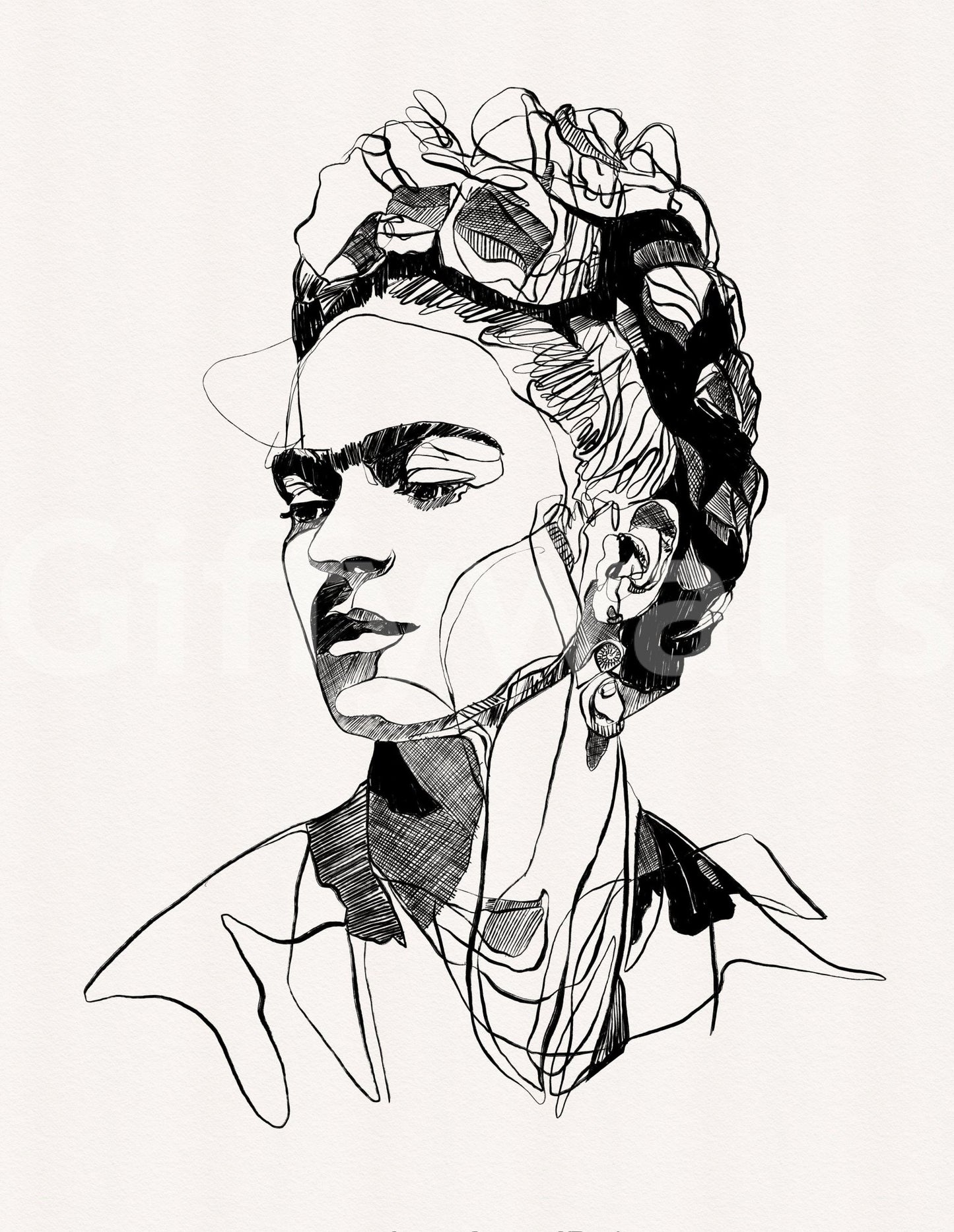 Unbroken portrait wall mural with flowing black linework and expressive monochrome detail