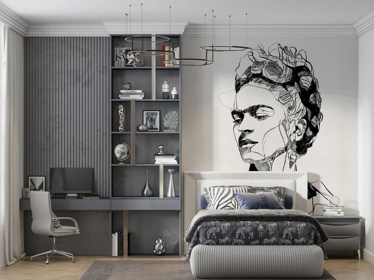 Bedroom corner styled with Unbroken wall mural in soft monochrome portrait detail