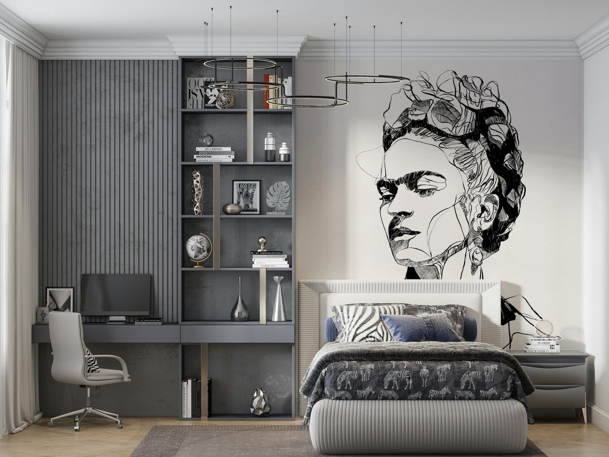 Bedroom corner styled with Unbroken wall mural in soft monochrome portrait detail