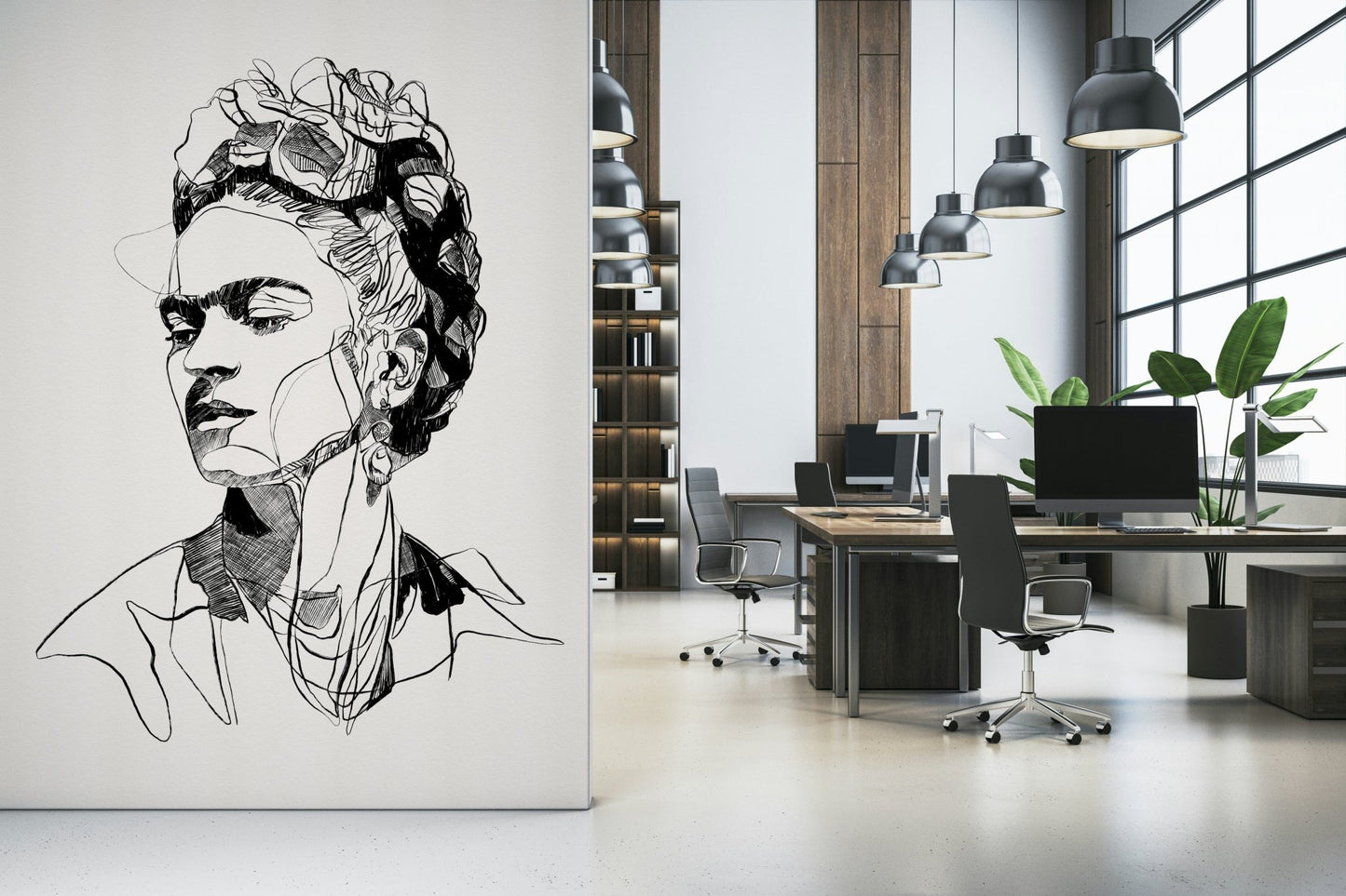 Home office area finished with Unbroken portrait wall mural and soft neutrals
