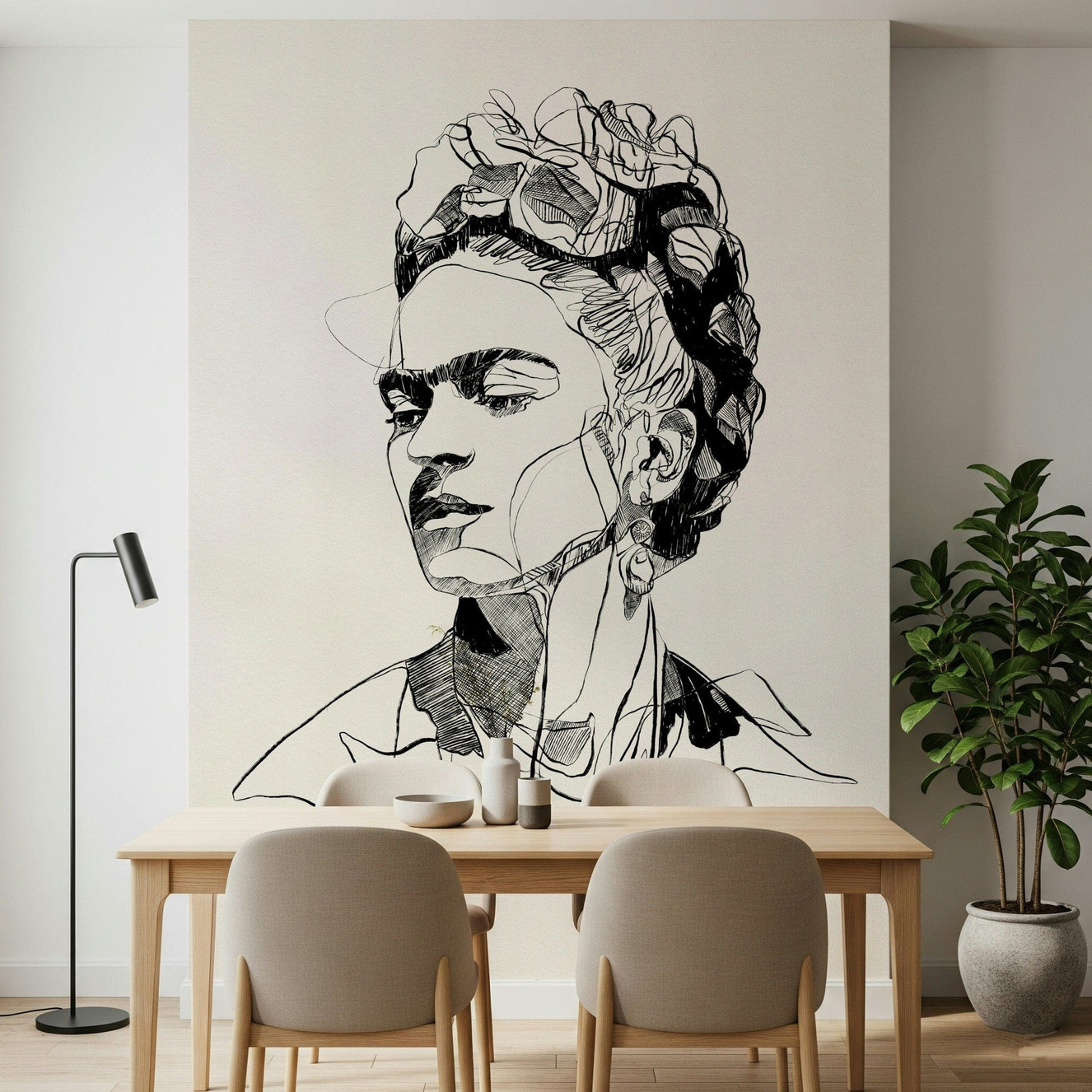 Unbroken wall mural placed behind a dining table in a clean modern dining area