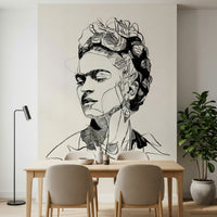 Unbroken wall mural placed behind a dining table in a clean modern dining area