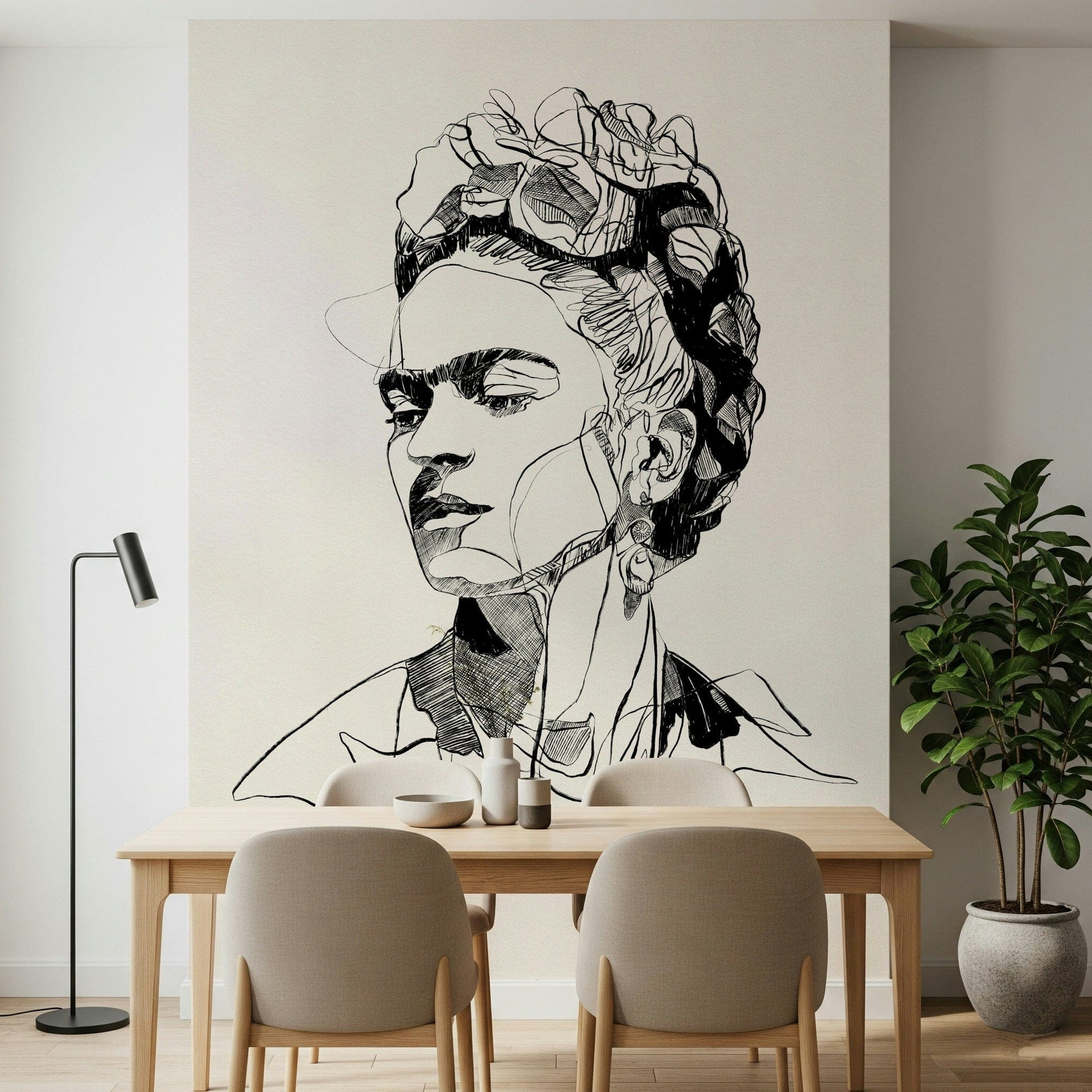 Unbroken wall mural placed behind a dining table in a clean modern dining area, GD7930