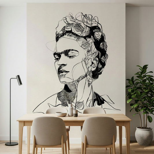 Unbroken wall mural placed behind a dining table in a clean modern dining area