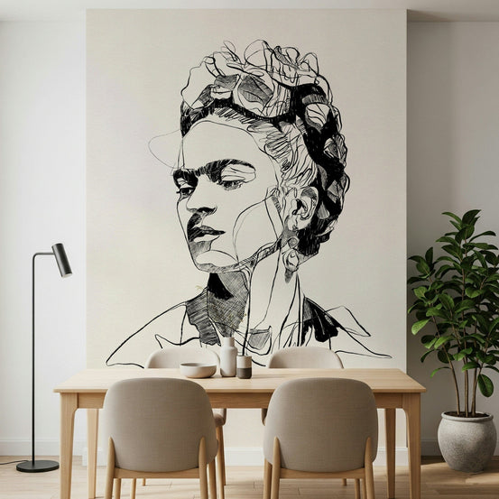 Unbroken wall mural placed behind a dining table in a clean modern dining area, GD7930