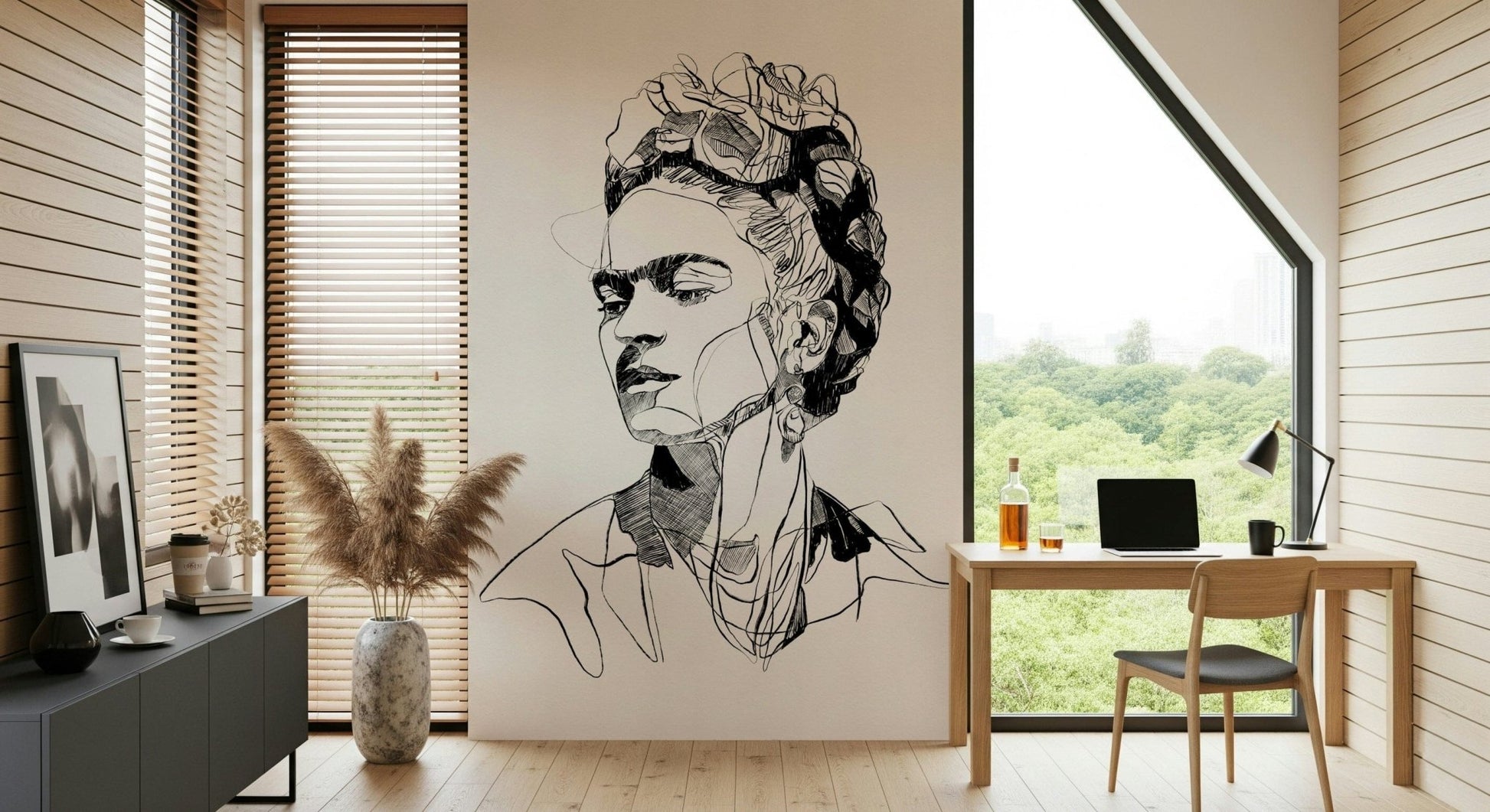 Home office setup paired with Unbroken wall mural for a bold monochrome statement