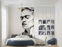 Unbroken line wall mural displayed beside a bed in a soft modern bedroom