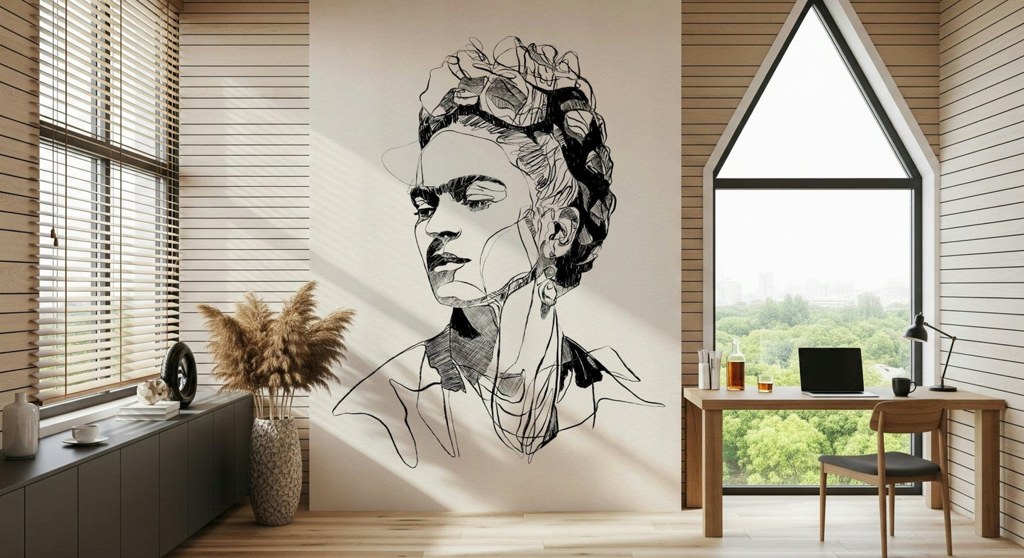 Unbroken face wall mural above a beige sofa in a warm modern Office home 