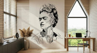 Unbroken face wall mural above a beige sofa in a warm modern Office home 