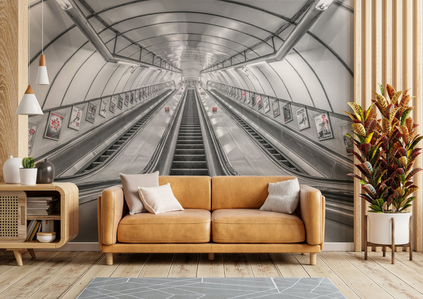 The composition is a wide view of a modern underground space.

