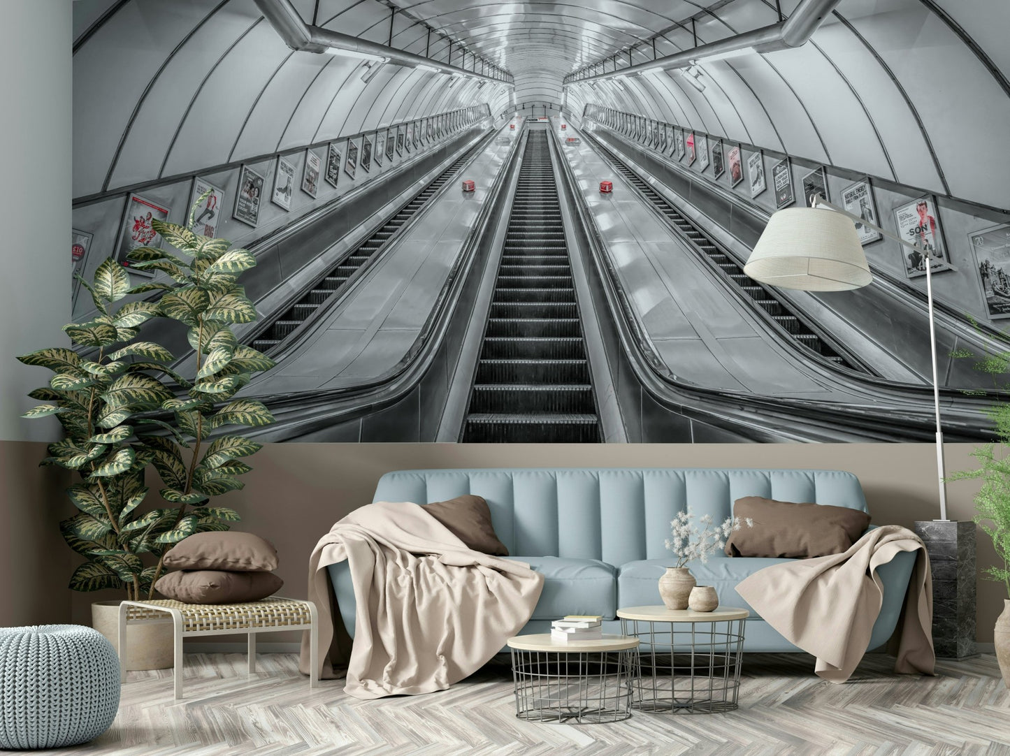 A wall mural of a subway or underground tunnel.

