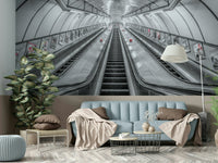 A wall mural of a subway or underground tunnel.

