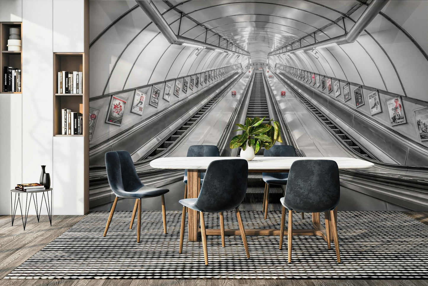 The mural gives a feeling of urban energy and elegance.

