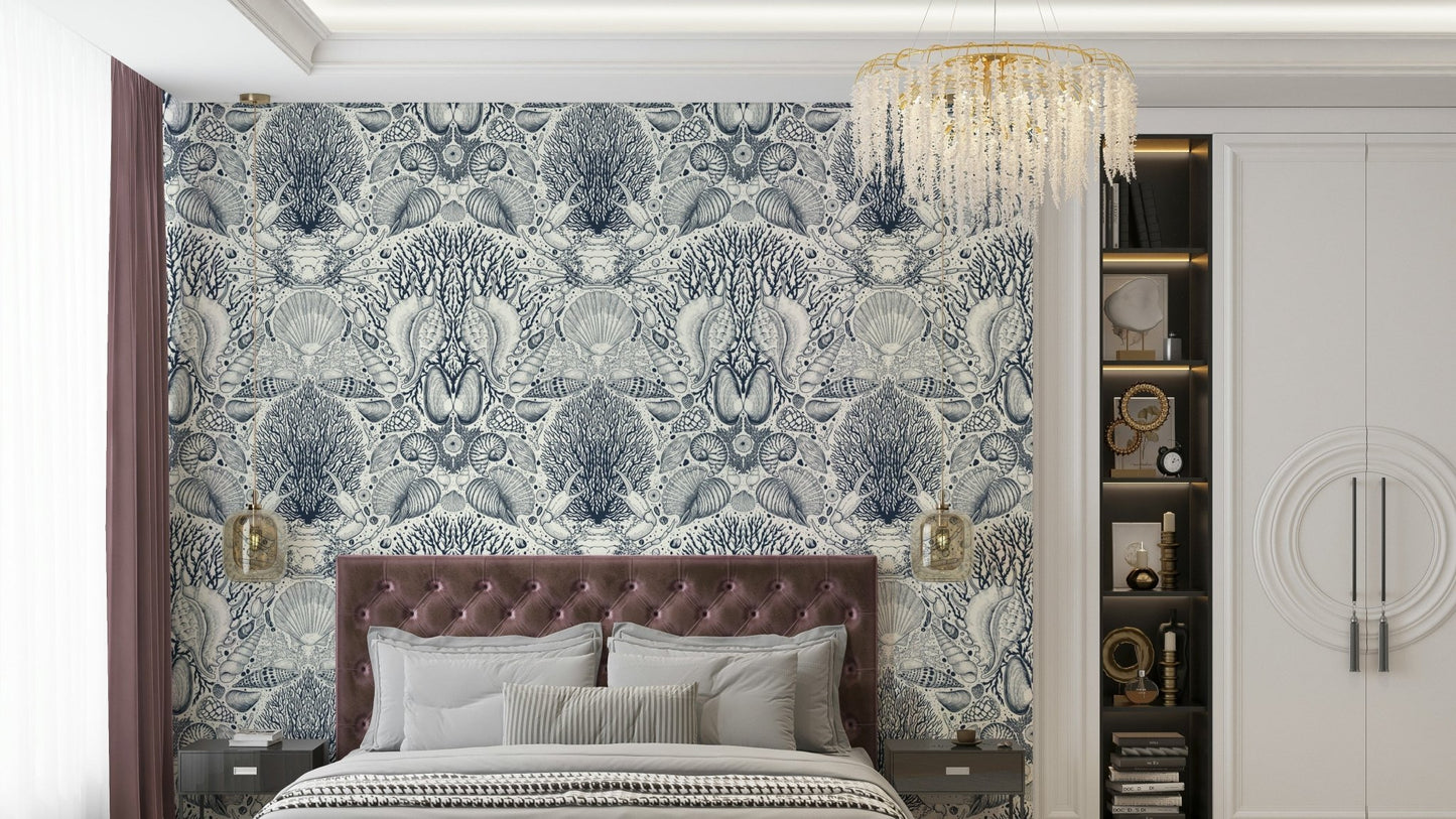 Ocean-themed wallpaper with lush aquatic botanicals

