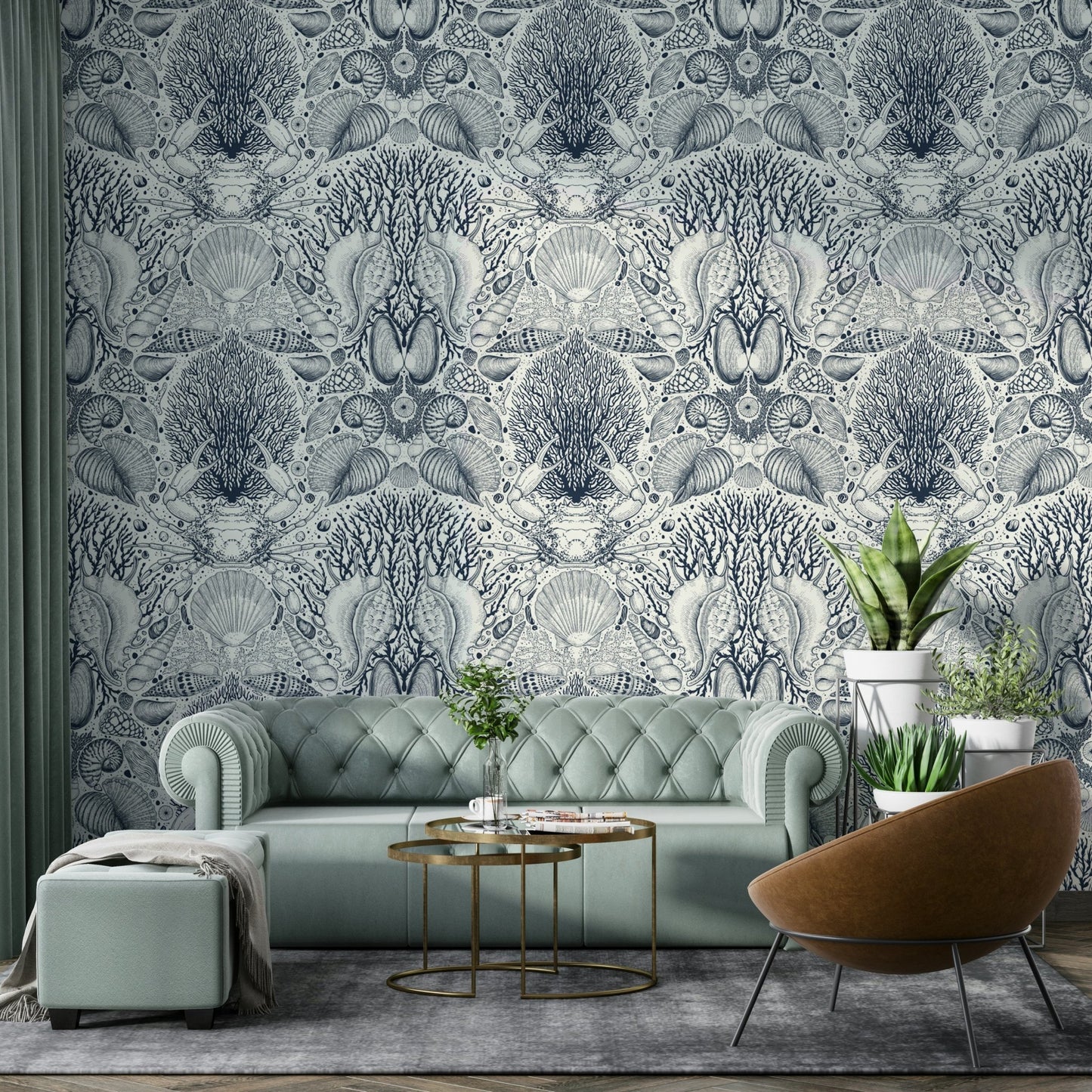 Botanical ocean wallpaper with sea plants and corals

