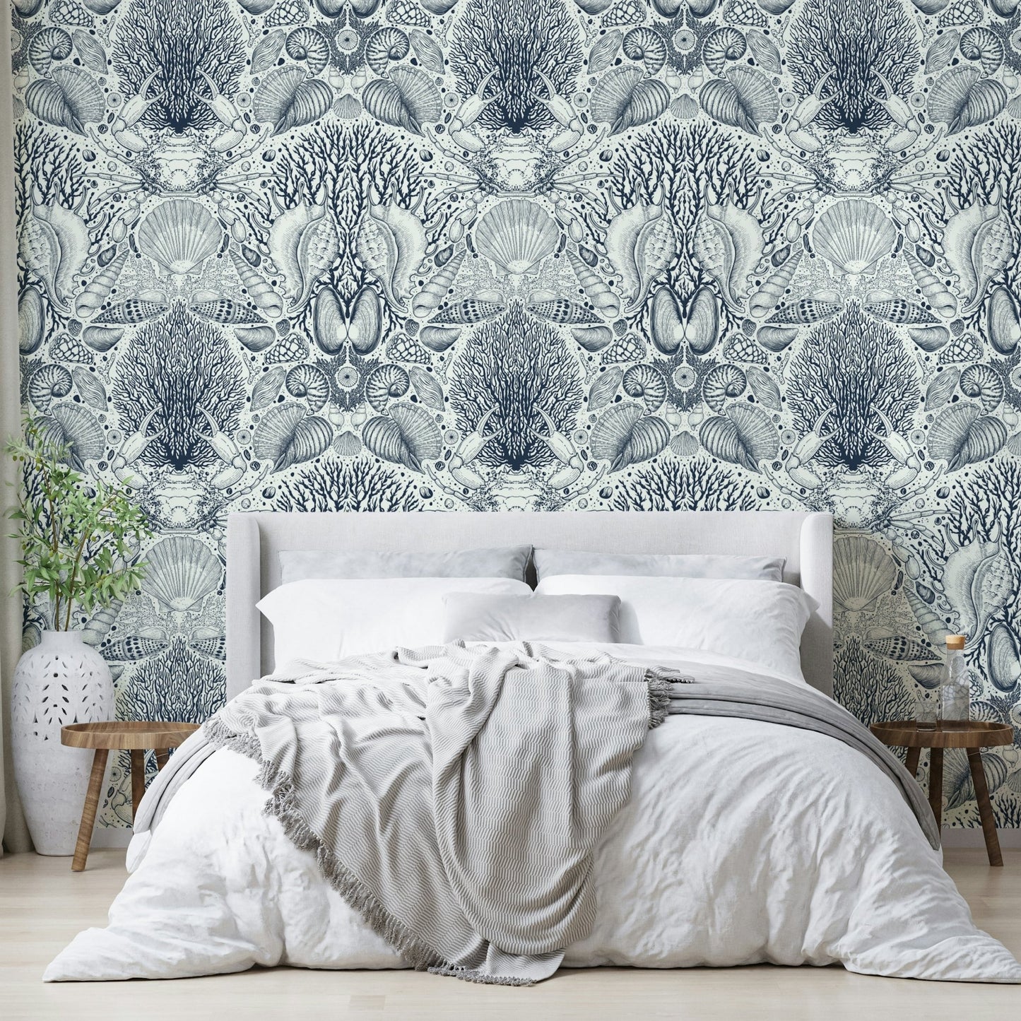 Tropical sea plants illustrated on ocean-inspired wallpaper

