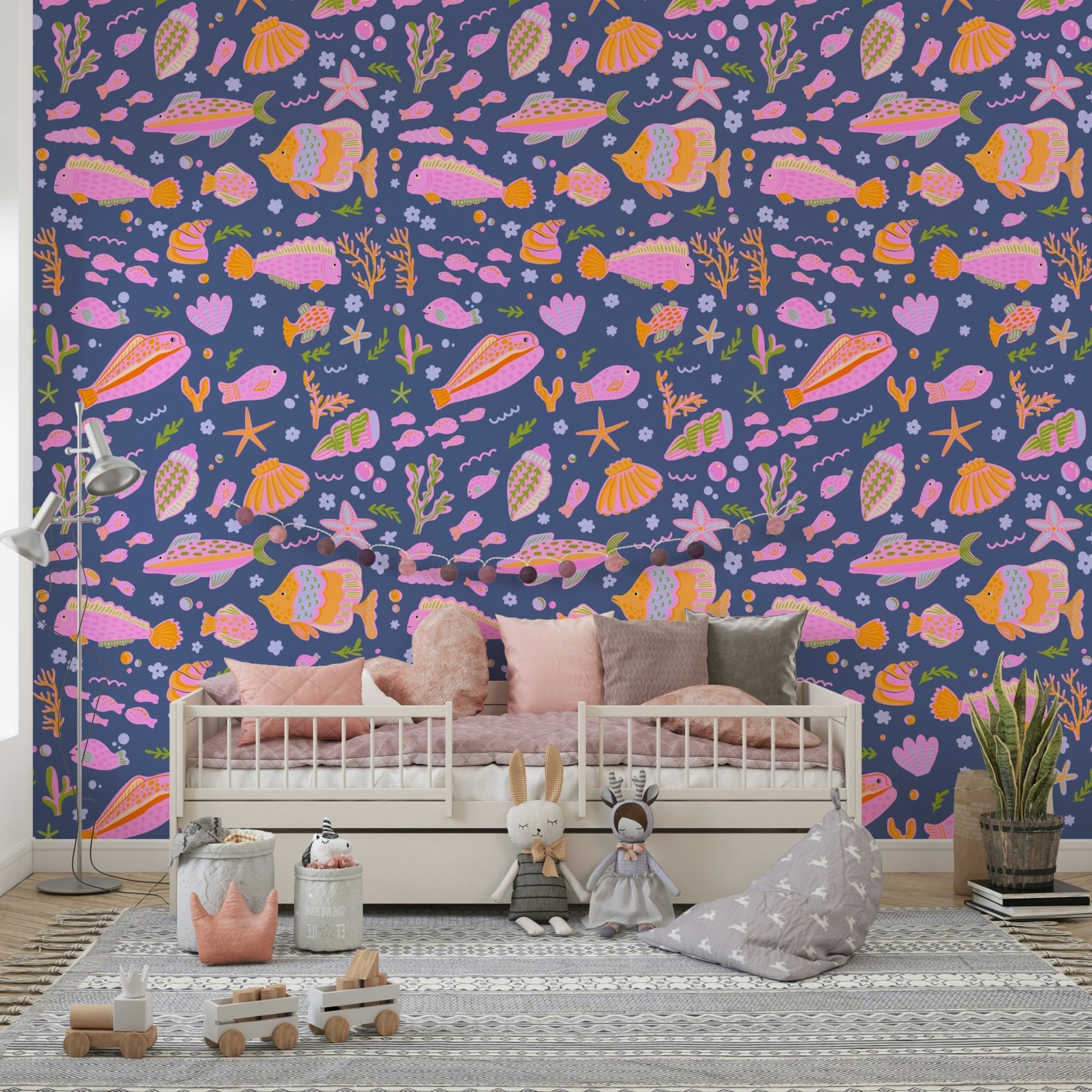 A wallpaper design with a whimsical undersea scene.

