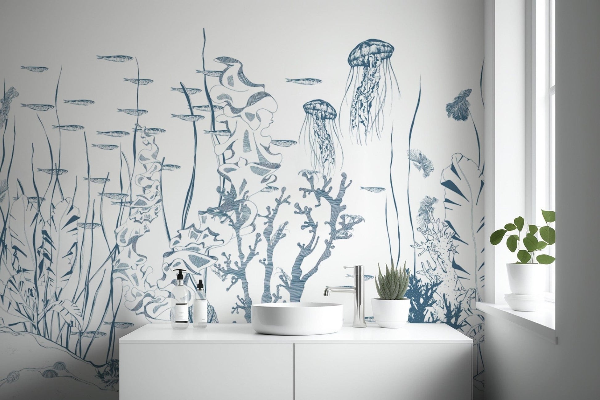 Ocean wallpaper featuring jellyfish and fish
