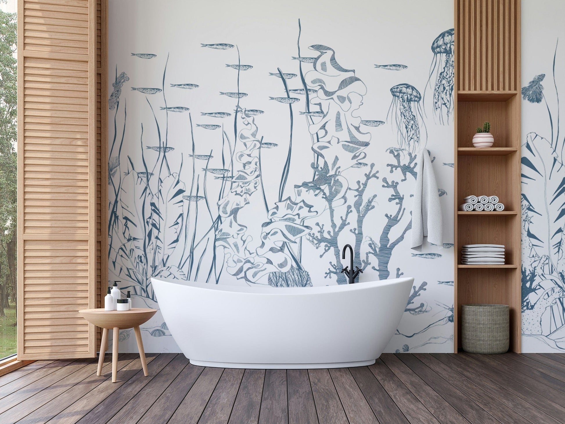 Fish and seaweed pattern ocean wallpaper
