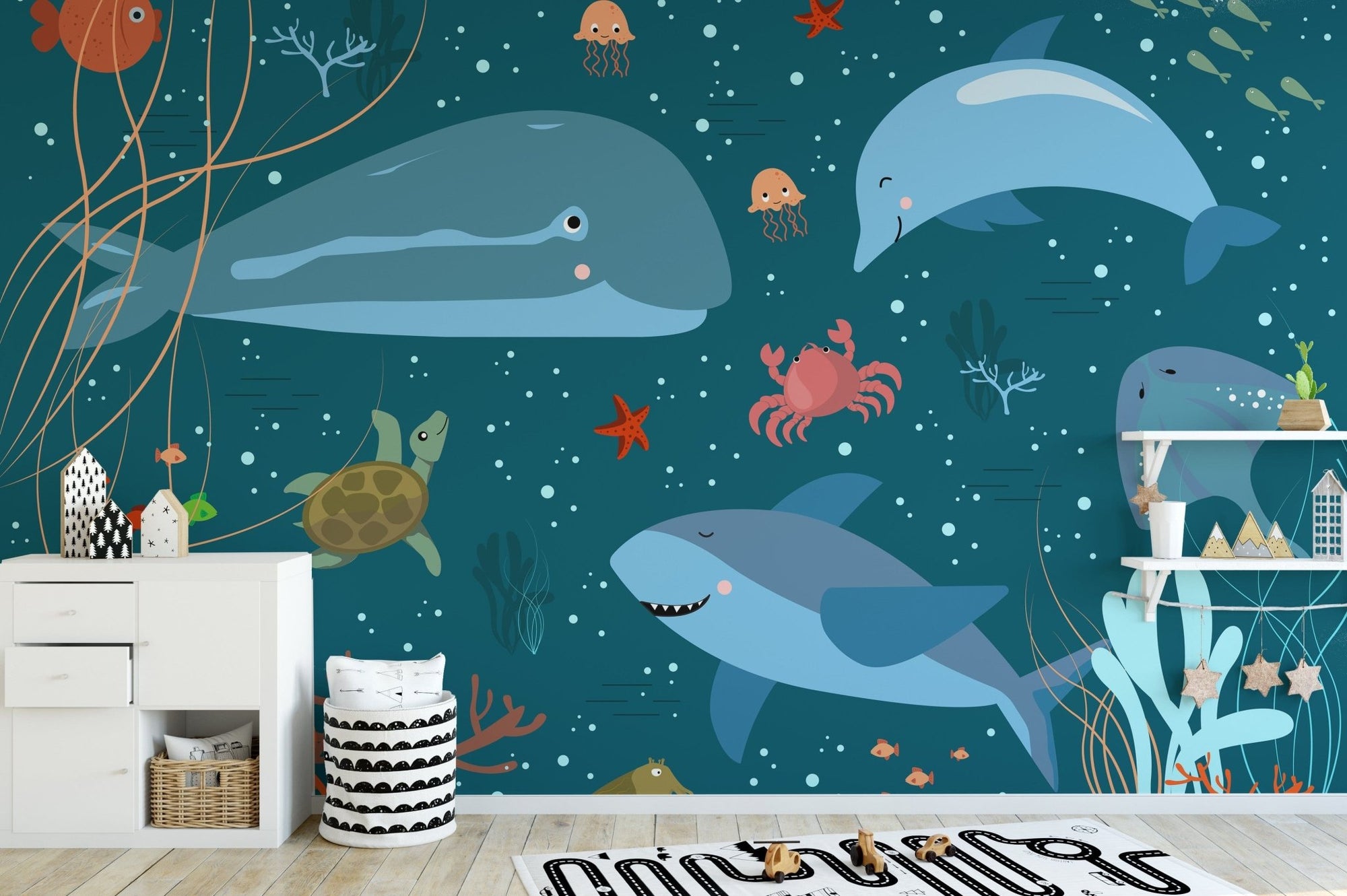 Blue underwater wallpaper with cartoon whales A970
