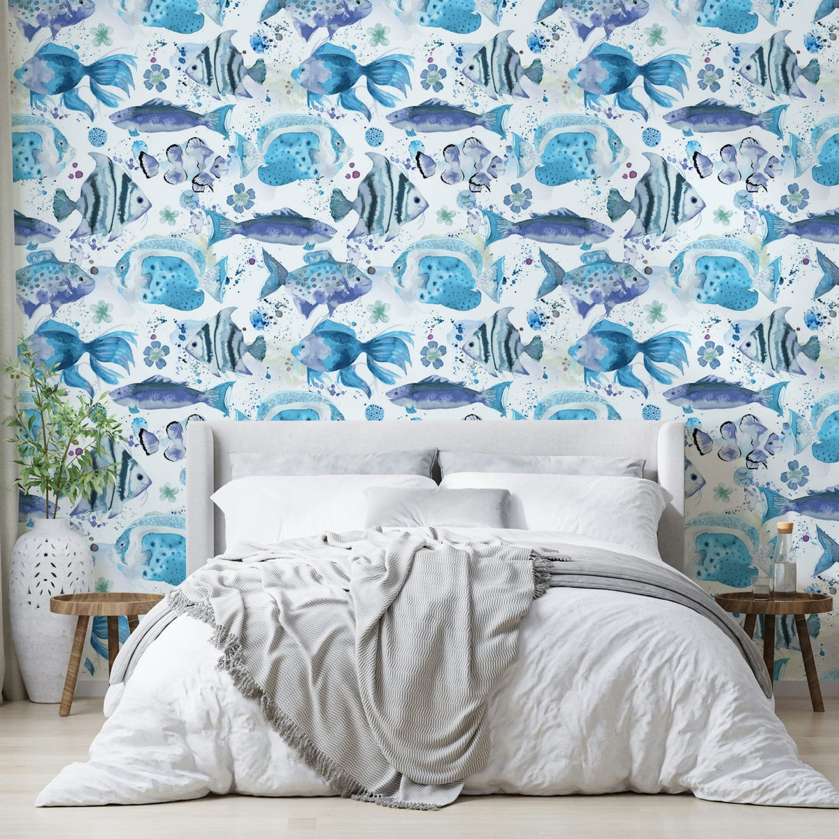Artistic blue ocean wallpaper with swimming fishes, GD1535