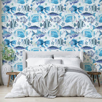 Artistic blue ocean wallpaper with swimming fishes, GD1535
