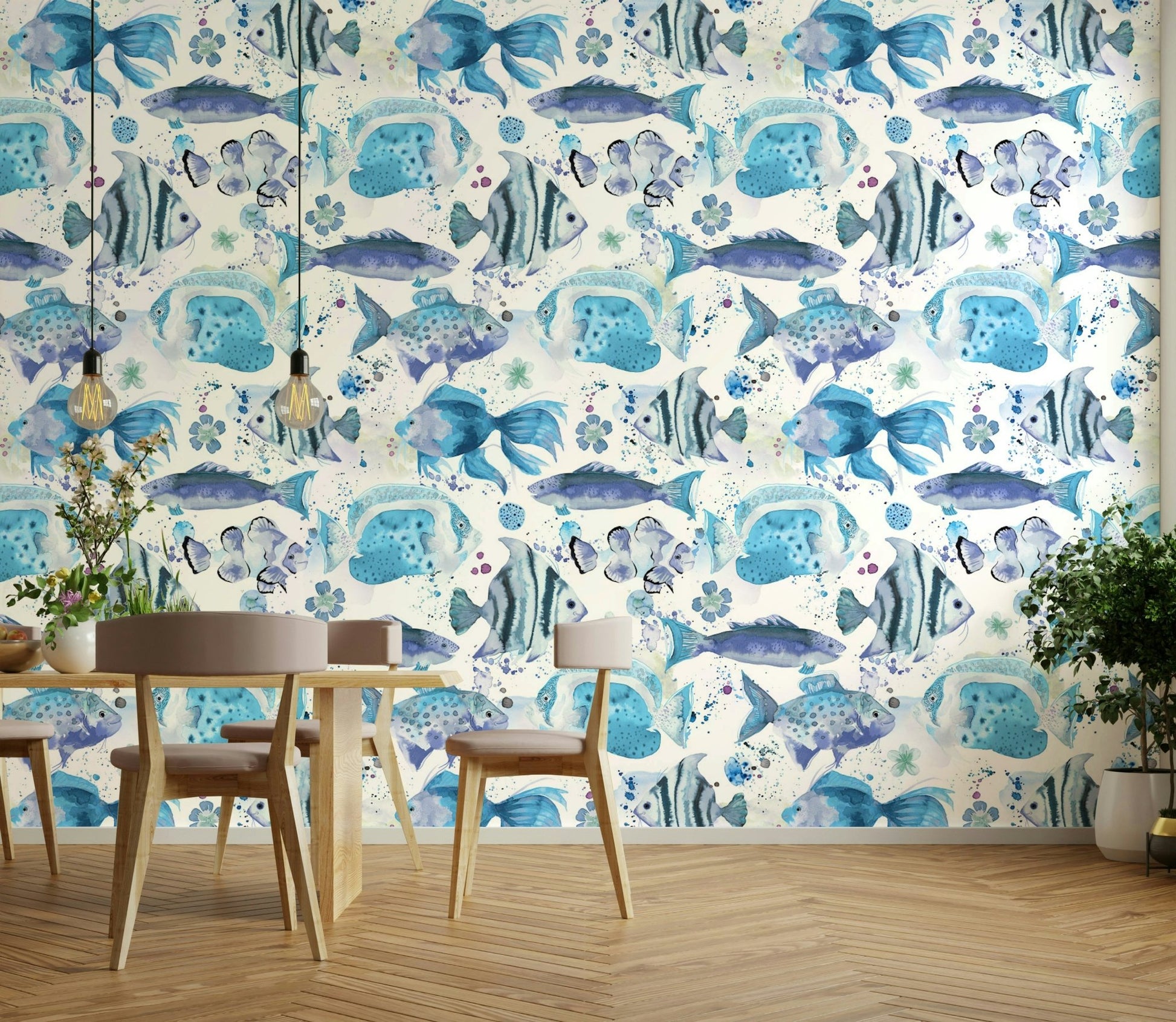 Colorful underwater fish wallpaper in blue tones, GD1535