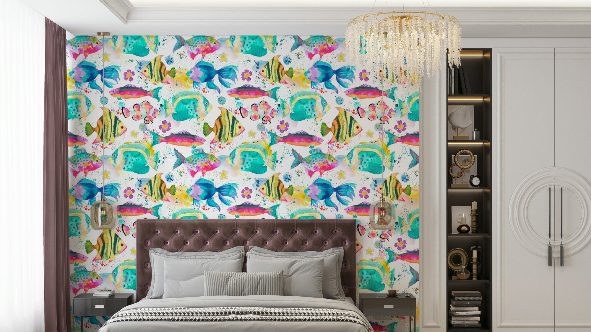 Tropical fish wallpaper with ocean pink background, GD1536