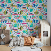 Bright underwater fish wall mural for kids’ rooms

