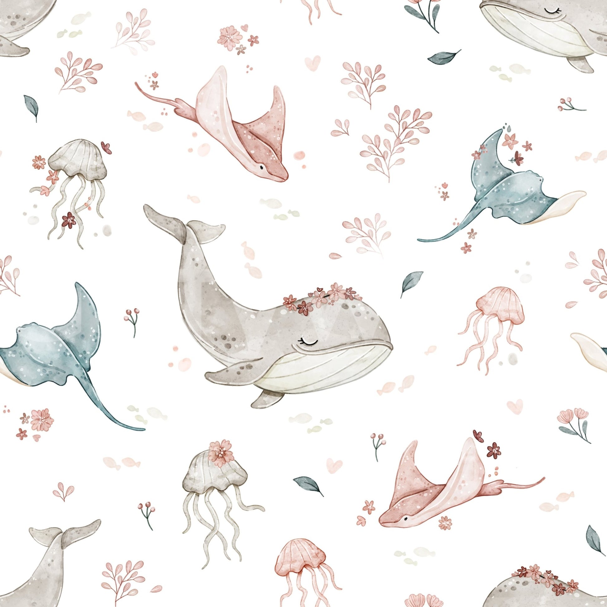 Marine creatures with delicate flowers in pastel hues

