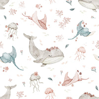 Marine creatures with delicate flowers in pastel hues

