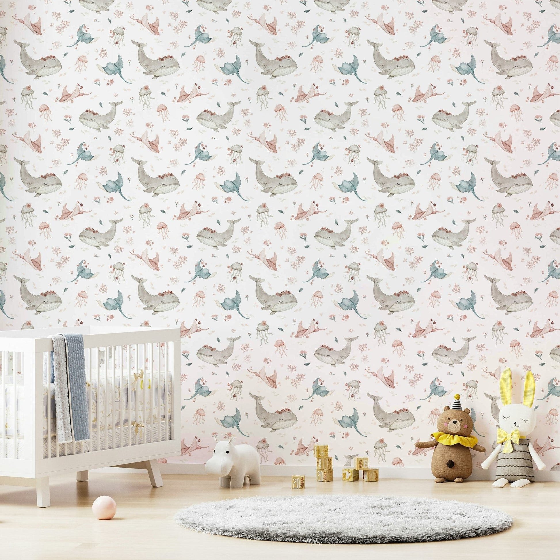 Watercolor sea life and flowers wallpaper for kids' rooms

