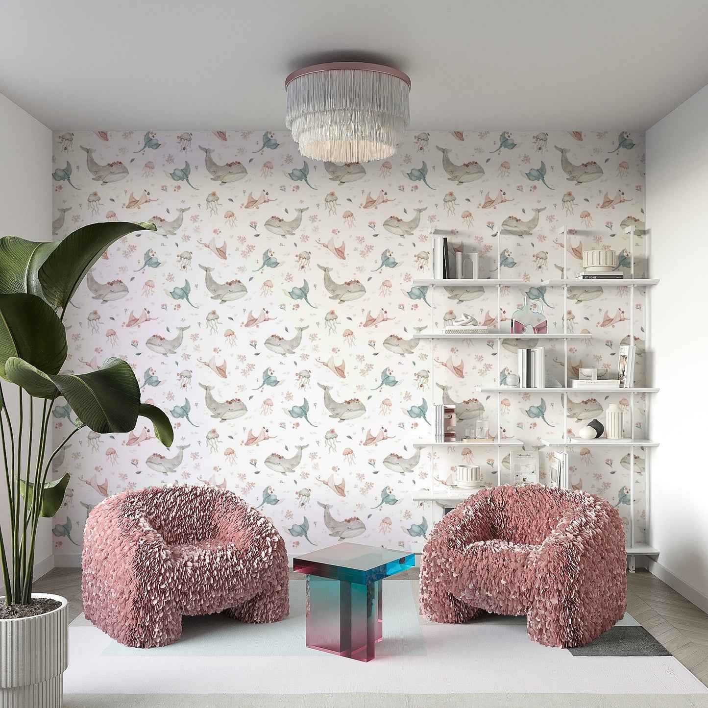 Watercolor sea life and flowers wallpaper for kids' rooms

