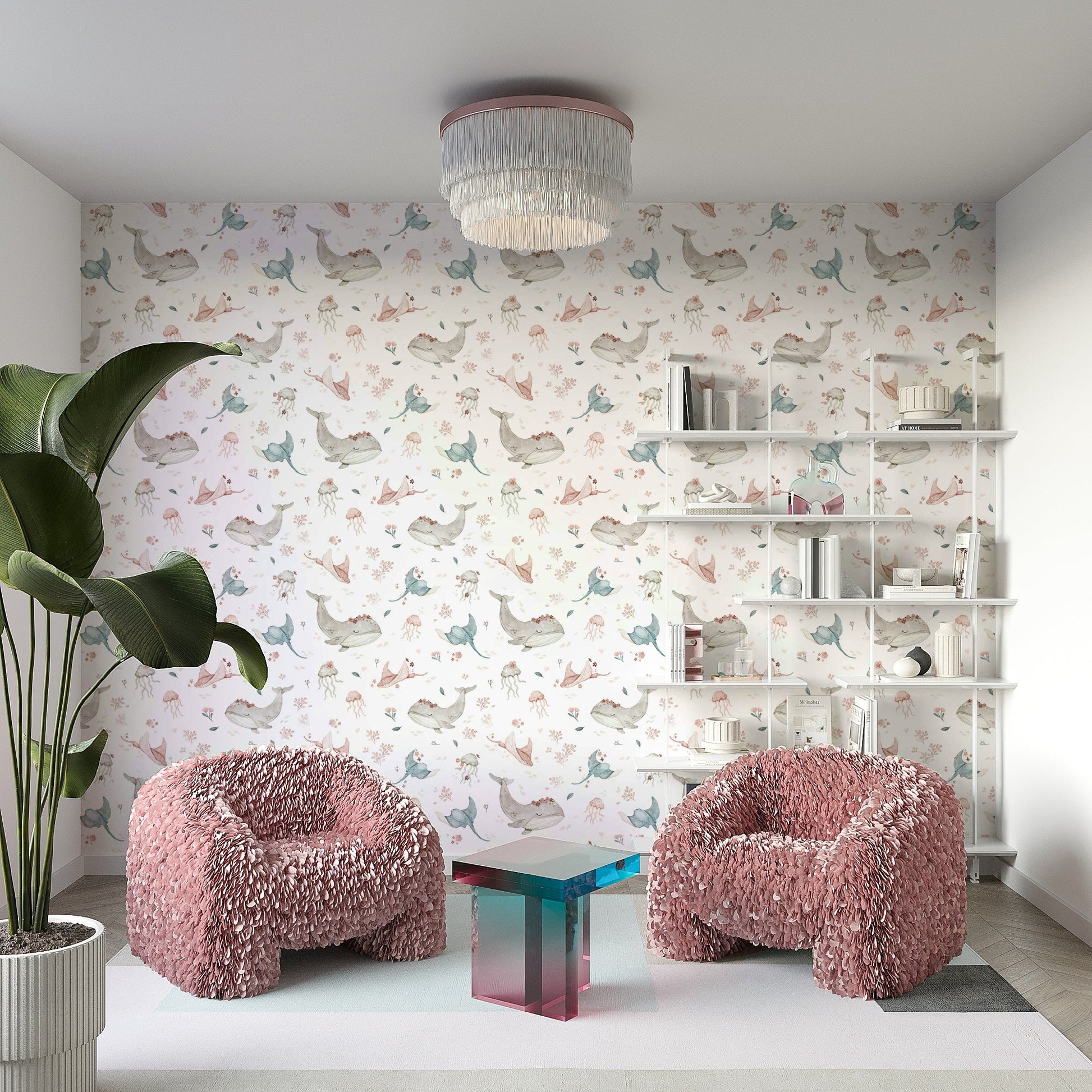 Watercolor sea life and flowers wallpaper for kids' rooms

